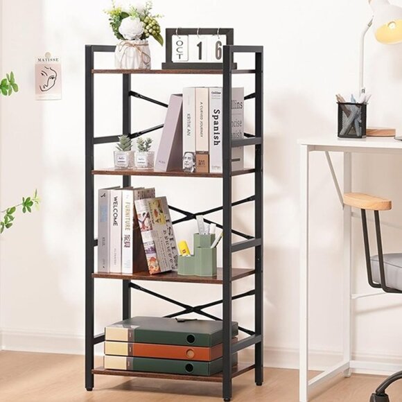 NEW 4 Tier Bookshelf - Small Book Shelf Industrial Bookcase, Narrow Book Case - Picture 1 of 8